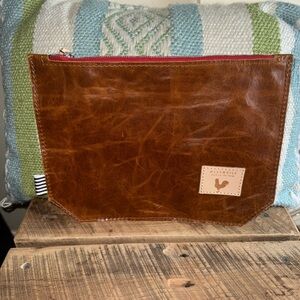 Meanwhile back on the farm saddle brown leather large pouch clutch 11” x 8”